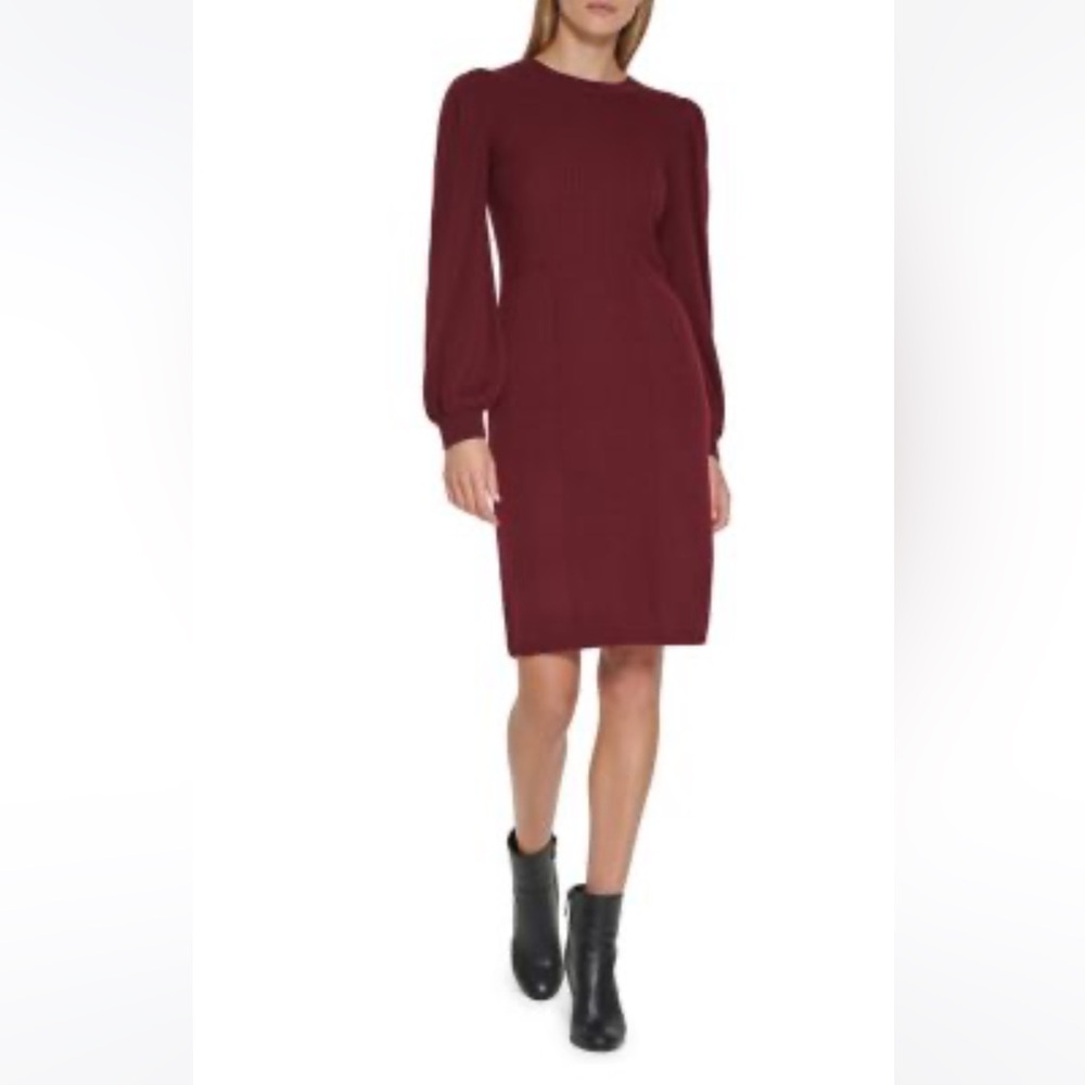 Calvin Klein Puff-Sleeve Rib-Knit Sweater Dress Burgundy Small